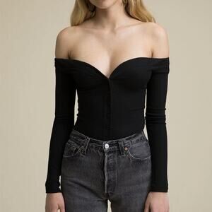 The Line by K Black Off Shoulder Button Front Bodysuit Size S NWOT